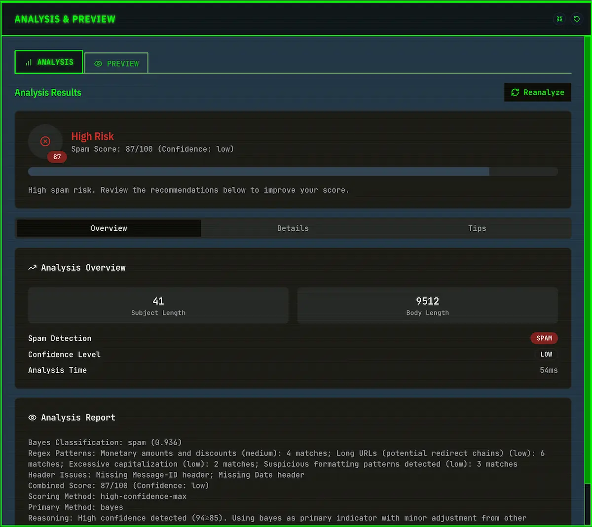 Spamoose retro terminal interface showing spam analysis
