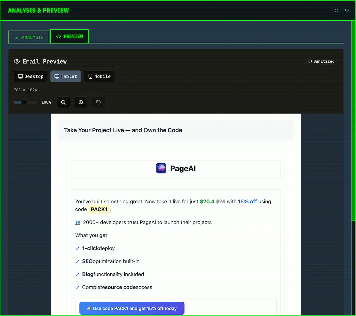 Results and email preview display